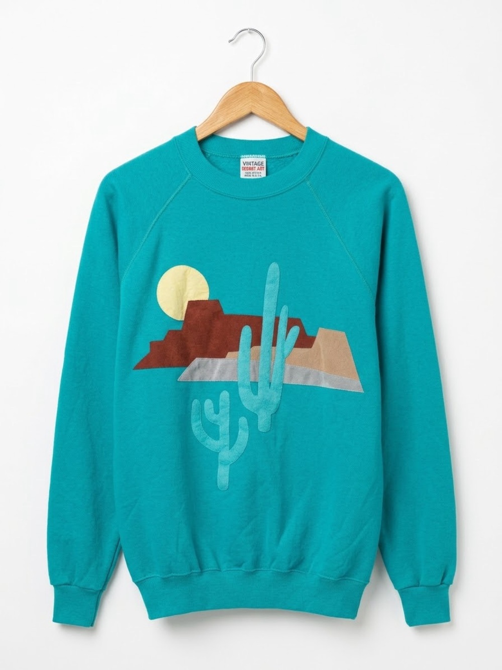 Vintage 80s Santa Fe Applique Cactus Desert Sweatshirt Teal L Art to Wear